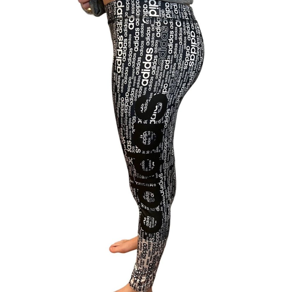 ADIDAS Girls 16 Womens 0-2 All Over Print Leggings Black White Pants Gym Active